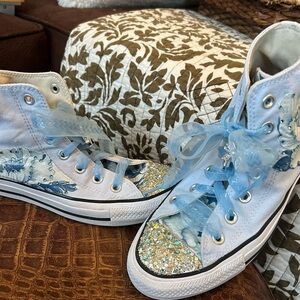 Light Blue Glitter High-Top Sneakers with Ribbon Laces